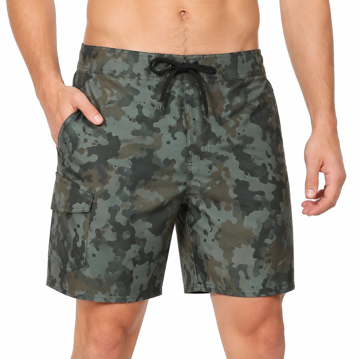 Herren Badeshorts L aus Textilgewebe in Grün Schwarz Braun Camouflage mit Kordelzug und Cargotasche