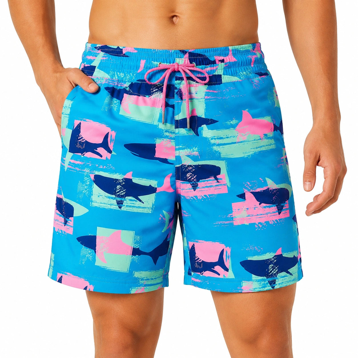 Herren-Badeshorts XL aus Synthetik Blau mit Hai-Print und Kordelzug