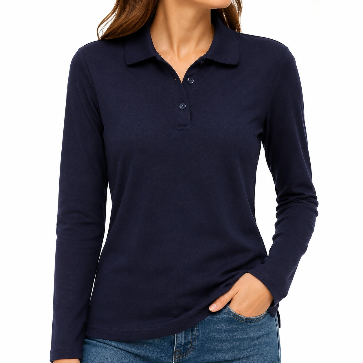 Damen Langarm Poloshirt Größe M Dunkelblau mit klassischem Kragen