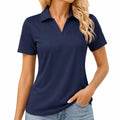 Damen Poloshirt M aus Synthetik Dunkelblau kurzarm mit V-Ausschnitt