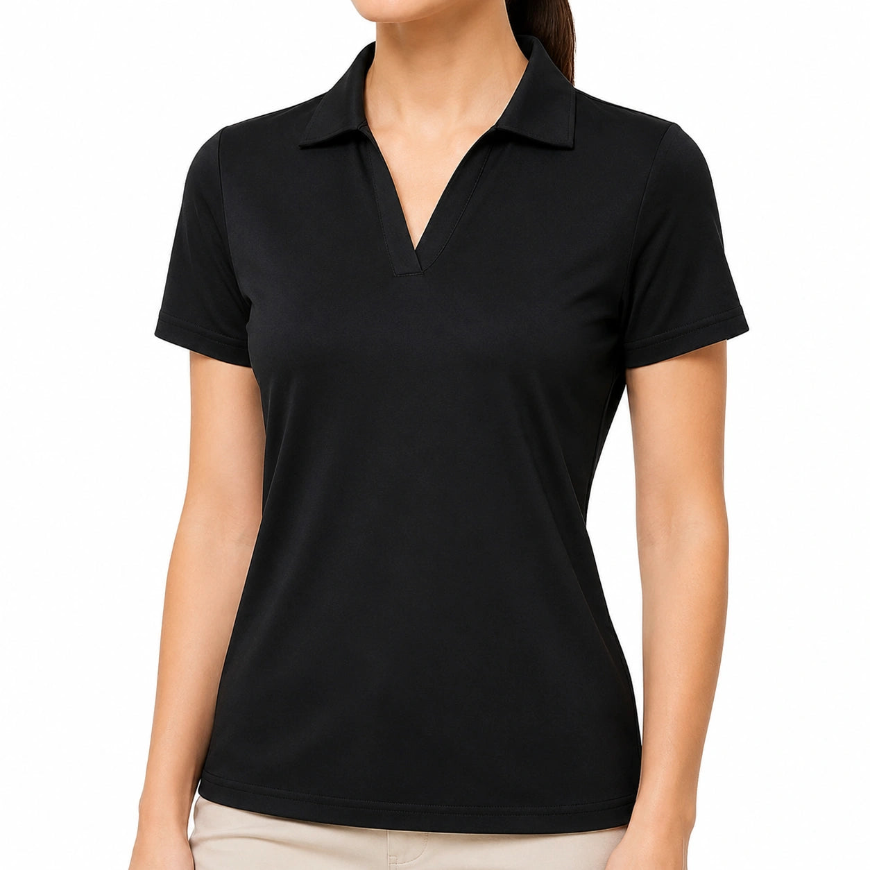 Damen Poloshirt Größe L Schwarz mit Kurzarm und V-Ausschnitt