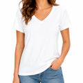 Damen T-Shirt Größe M Weiß aus Textil mit V-Ausschnitt Kurzarm