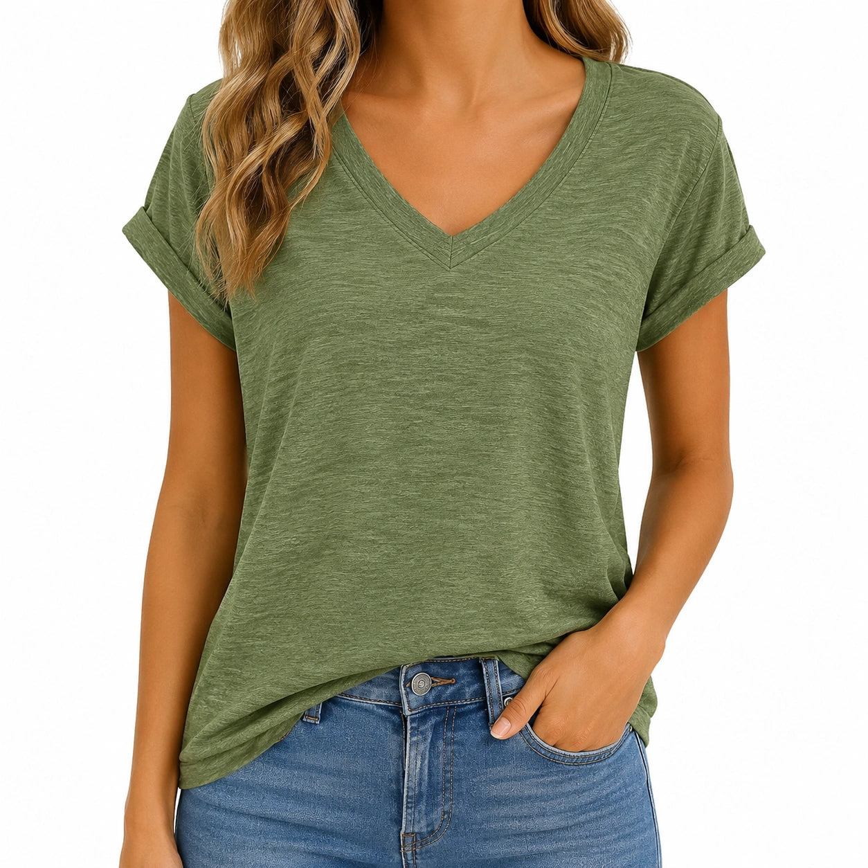 Damen T-Shirt Größe M olivgrün mit V-Ausschnitt und kurzen Ärmeln