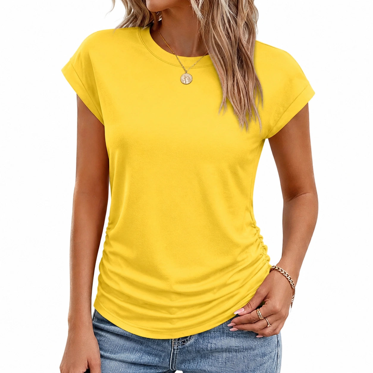 Damen T-Shirt Größe L Gelb Kurzarm mit Seitlicher Raffung
