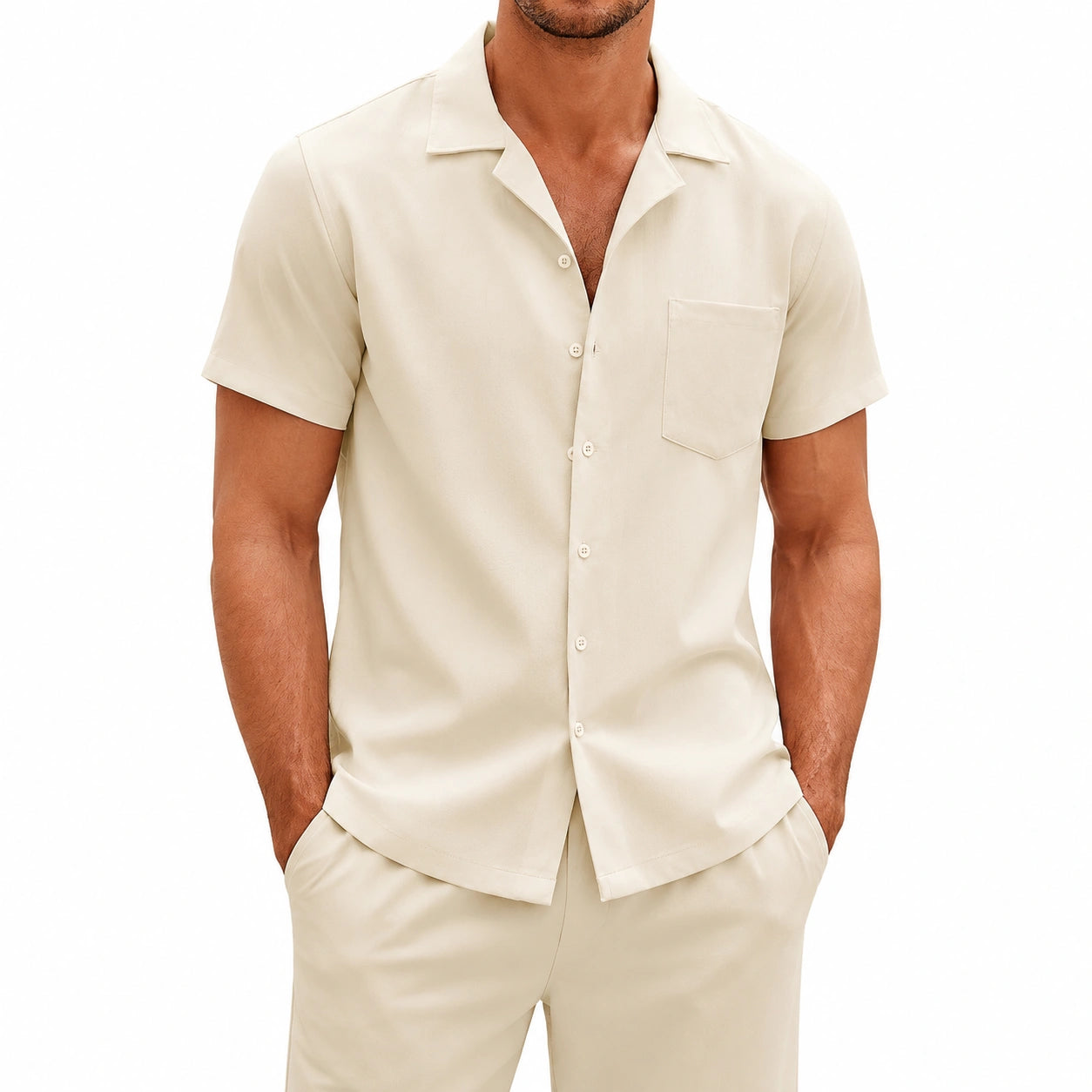 Herren Kurzarmhemd XL in Creme mit Reverskragen und Brusttasche