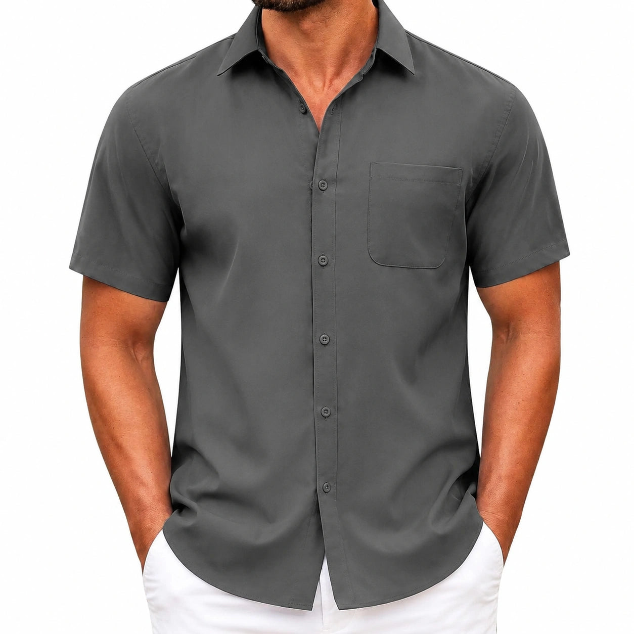 Herren Kurzarmhemd XL aus Webstoff Anthrazit mit Brusttasche