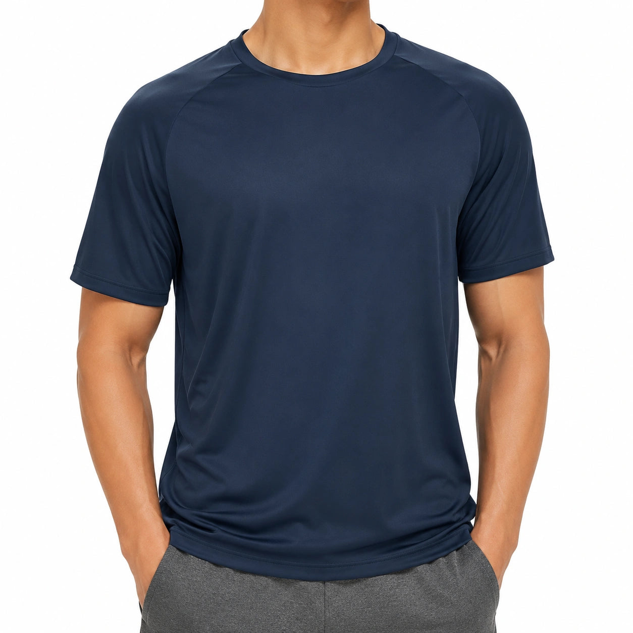 Herren Sport T-Shirt L aus Kunstfaser in Dunkelblau mit Rundhals und kurzen Ärmeln