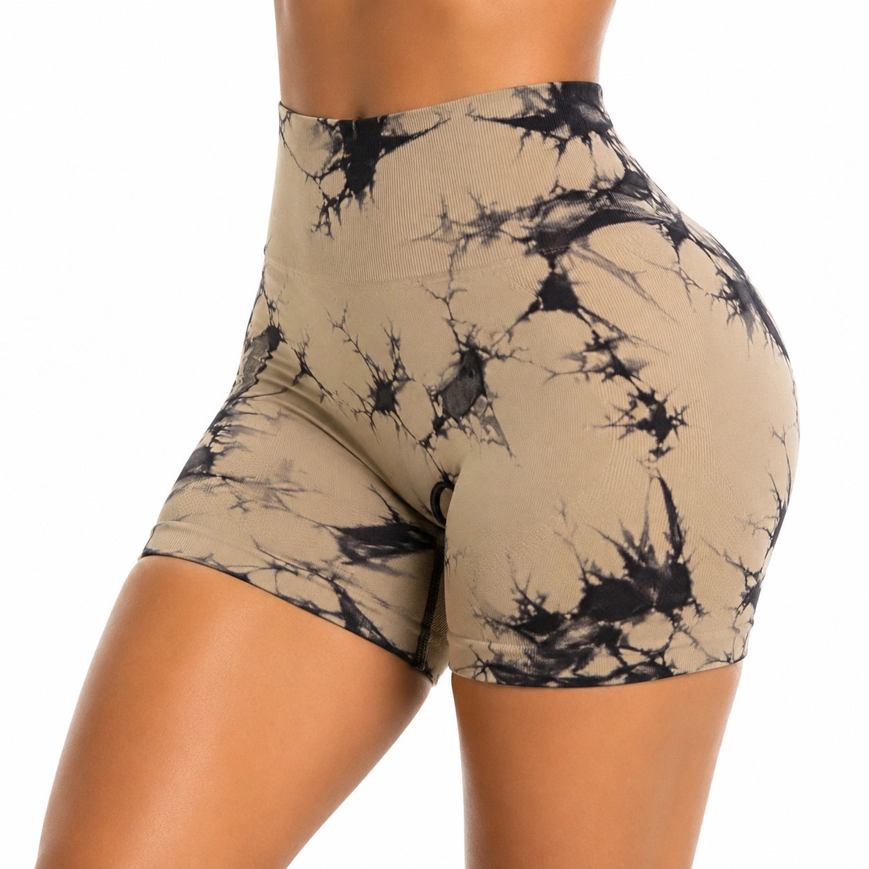 Damen Radlerhose Größe M aus elastischem Stoff Beige Schwarz mit hohem Bund